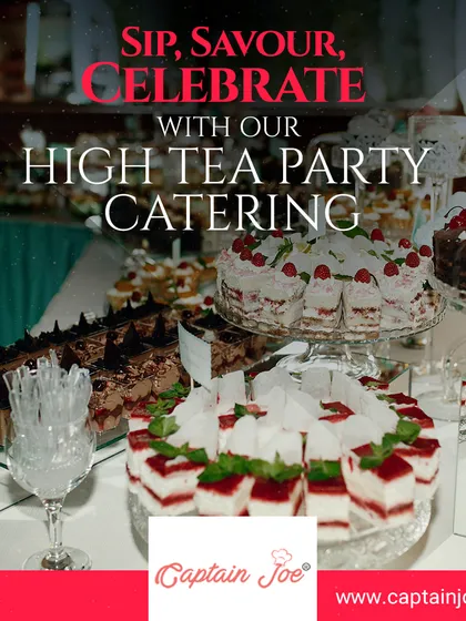 Sip, savor, and celebrate with our high tea party catering. An elegant dessert table is laden with cakes, pastries, and other sweet treats, perfect for a sophisticated afternoon corporate event.