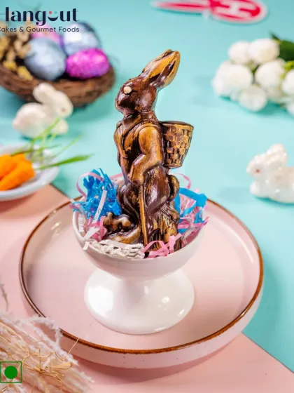 Meet the most charming guest at your Easter party. This chocolate bunny is filled with delicious ganache, making it a delightful treat for kids and adults alike.