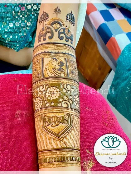A close-up of a bridal startup design featuring royal elephants under umbrellas, a portrait of a bride, and floral bands.
