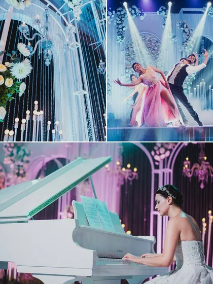 A collage of an elegant, white-and-blue themed reception, featuring a live pianist, ballet-inspired dancers, and a grand stage.