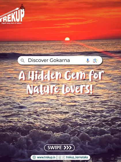 A graphic inviting you to discover Gokarna, a hidden gem for nature lovers, with a stunning sunset view.
