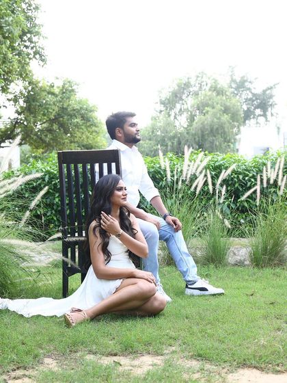 Another beautiful shot from the pre-wedding shoot, showing how the dress flows gracefully even when seated.