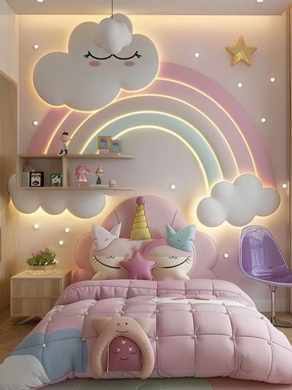 A whimsical bedroom with a large, wall-mounted rainbow and cloud light installation. The bed has a unicorn-themed headboard and plush, colorful bedding.