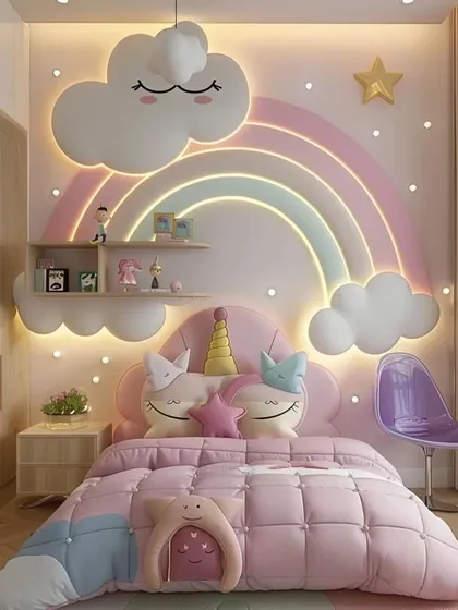 A whimsical bedroom with a large, wall-mounted rainbow and cloud light installation. The bed has a unicorn-themed headboard and plush, colorful bedding.