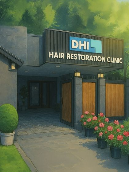 **Our Clinic, Reimagined:** An artistic interpretation of a DHI Hair Restoration Clinic in the beautiful Ghibli animation style. This reflects our commitment to creating a welcoming and professional environment for our clients.