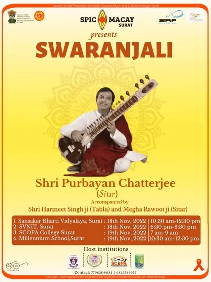 The poster for "Swaranjali," a series of concerts in Surat with the great Purbayan Chatterjee ji, presented by SPIC MACAY.