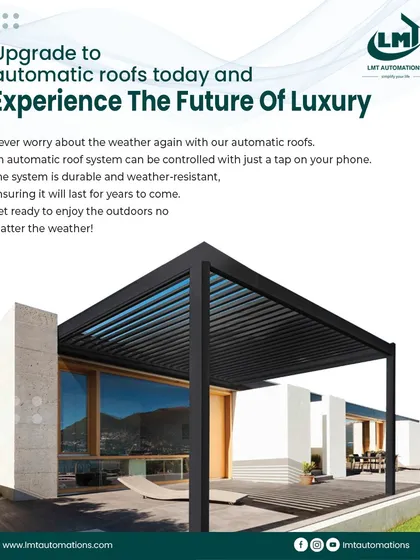 This brochure image showcases a modern home with our automatic roof installed. It's a durable, weather-resistant system that adds a touch of luxury and makes outdoor living effortless.