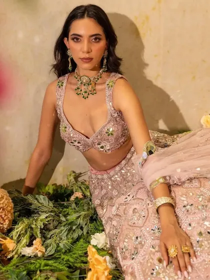 Another view from this beautiful garden-themed shoot, focusing on the delicate details of the ensemble.