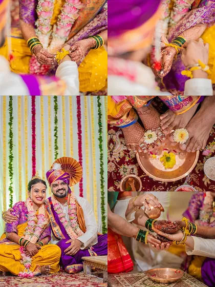 A collage of various rituals from a Maharashtrian wedding, including the 'kanyadaan' and 'saptapadi'.