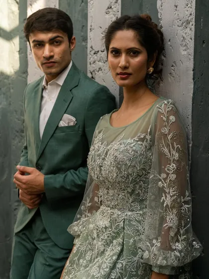 We do menswear too. This couple is styled in complementary shades of green, with an intricately embroidered gown for her and a sharp, modern suit for him.