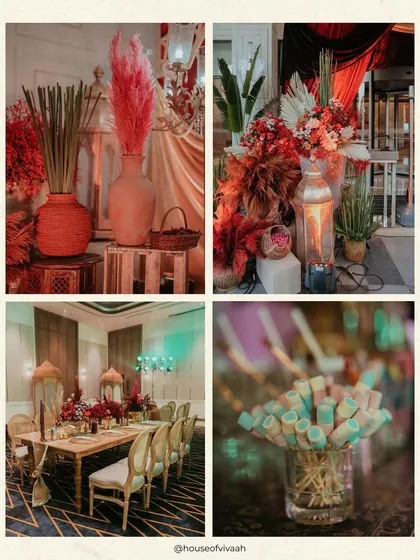 A collage of details from the engagement, including large terracotta vases with pampas grass, long dining tables, and colorful party favors.