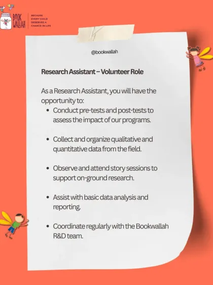 An overview of the Research Assistant volunteer role. Play a crucial part in assessing our program's impact by collecting data and supporting our R&D team.