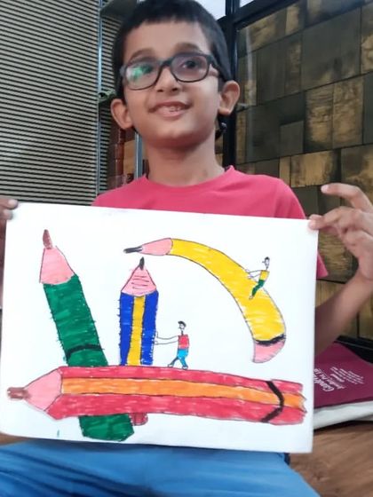 This imaginative piece by Yuvaan, a 3rd-grade student, features giant creative pencils being used by tiny people. It's a fantastic example of the creative drawing concepts we explore in class.