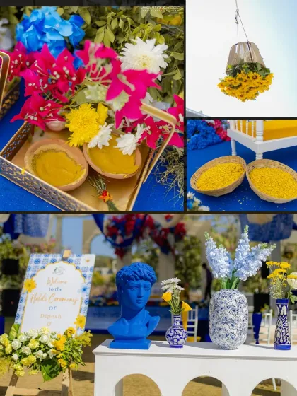 The color palette was a stunning contrast of sunny yellows and cobalt blues. The auspicious turmeric paste stood out beautifully against the vibrant decor.