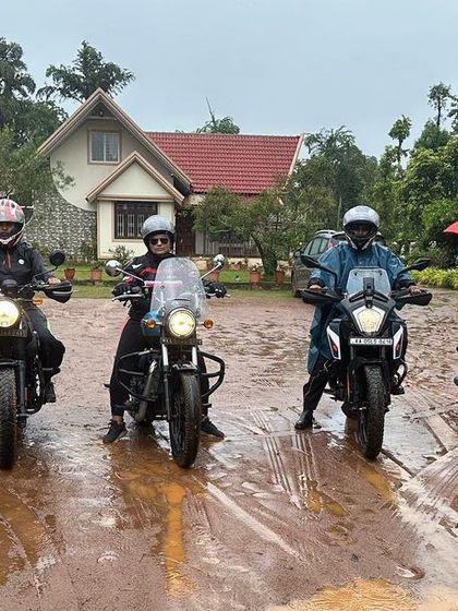 Our riders ready to leave a resort in the rain. A little water can't stop the adventure when you're with the Heels on Wheels crew.