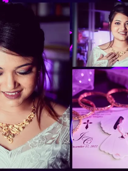 A collage celebrating a Christian bride. It showcases her elegant portraits, the fine details of her jewelry, and the classic wedding invitation, telling a complete story.