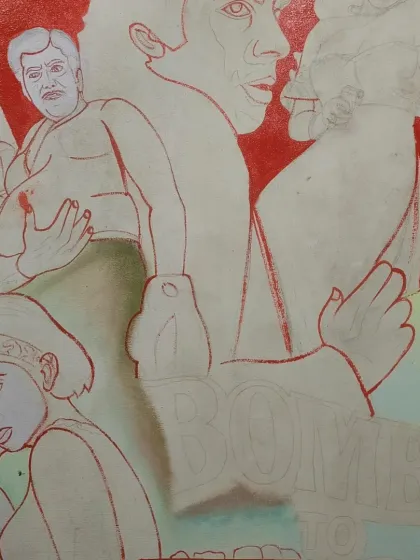 The initial stages of creation, showing the red-line sketch and blocking in the main figures and background colors for the 'Bombay to Goa' replica.