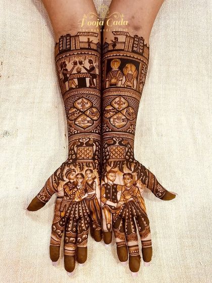 A journey from "Yaar to Pyaar" for two childhood friends. This customized bridal henna tells their story with scenes from their friendship and relationship, creating a design that is deeply personal and meaningful.
