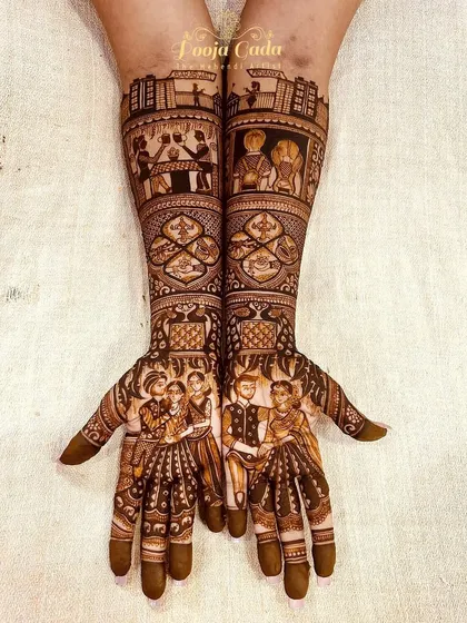 A journey from "Yaar to Pyaar" for two childhood friends. This customized bridal henna tells their story with scenes from their friendship and relationship, creating a design that is deeply personal and meaningful.
