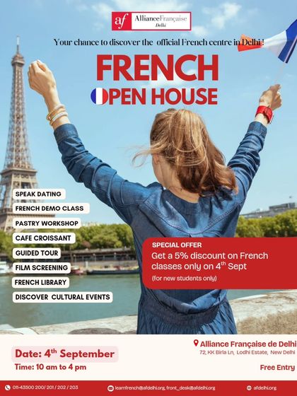 A poster for our French Open House, inviting everyone to discover the official French centre in Delhi. The image of a woman celebrating in front of the Eiffel Tower perfectly captures the aspirational spirit of learning French.