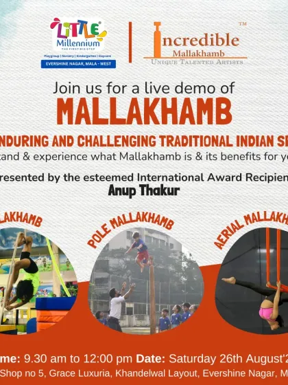 We are always growing. This flyer announces the opening of our 9th center in Mumbai, bringing Mallakhamb and aerial arts to a new neighborhood.