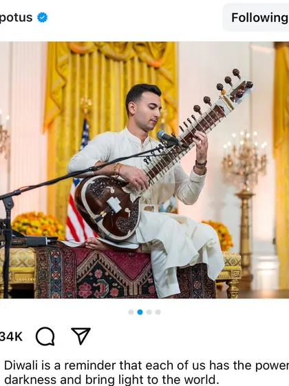 I was incredibly honored to represent Indian classical music at the first-ever Diwali celebration at the White House. This screenshot from the official POTUS Instagram captures a moment that was a huge milestone for me and for the global recognition of our culture.