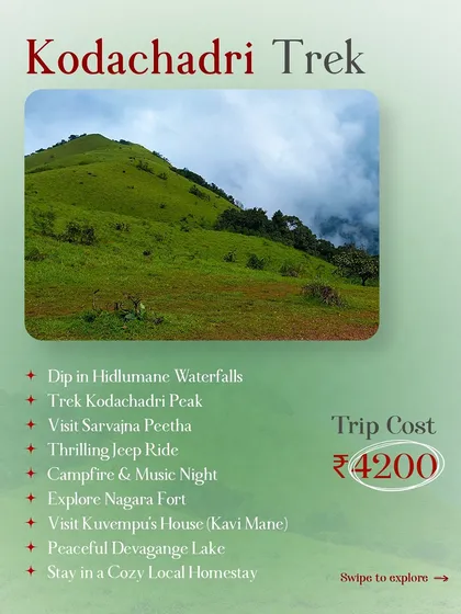 An informational graphic for our Kodachadri trek, detailing the cost and the many activities included, from waterfalls to fort exploration.