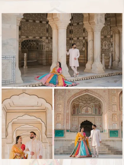 The colorful lehenga worn by Surbhi brings a splash of vibrancy to the neutral tones of the palace. This collage shows a mix of playful and romantic poses from their pre-wedding shoot.