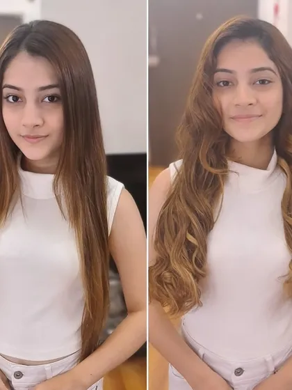 This shows how the same set of extensions can be worn straight or styled. On the right, we've added beautiful, bouncy curls for a more glamorous, event-ready look.