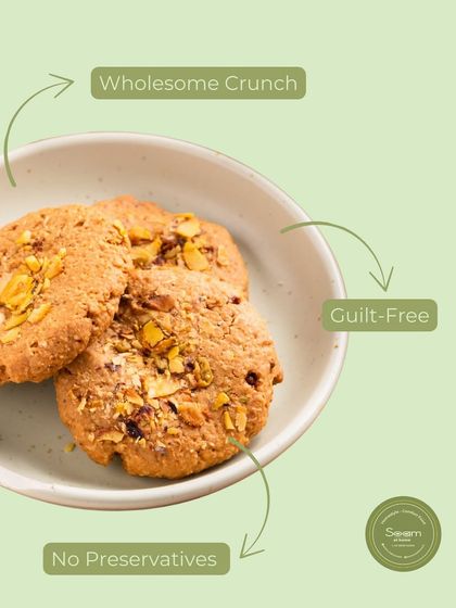 A visual of my Oats & Aata cookie highlighting its best qualities: a wholesome crunch that is guilt-free and made with no preservatives. It's honest baking at its best.