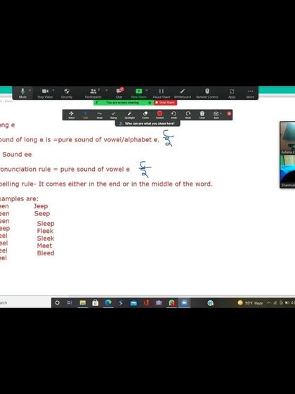 In this part of our online phonics class, we are learning about the long 'e' sound. I explain the pronunciation and spelling rules, such as when the 'ee' sound appears in a word. We then practice with examples like 'jeep' and 'sleep'.