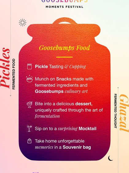 This graphic details the unique food experience at my Food & Ghazal show. Attendees get to enjoy pickle tastings, snacks made with fermented ingredients, and even a special dessert, all while enjoying soulful music.