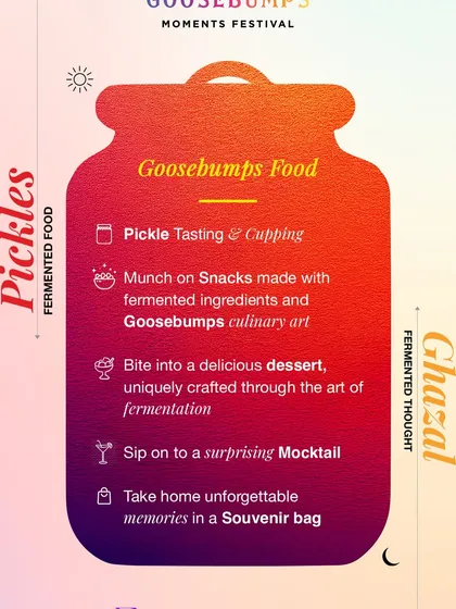 This graphic details the unique food experience at my Food & Ghazal show. Attendees get to enjoy pickle tastings, snacks made with fermented ingredients, and even a special dessert, all while enjoying soulful music.