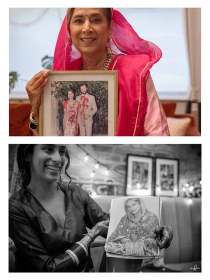 A collage showing Shaan getting ready, holding a photo of her mother on her wedding day. This beautiful tribute to family heritage and the passing of traditions is a deeply emotional moment.