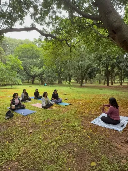 Leading a community yoga and sound healing session in a Bangalore park. There's a special energy when we practice together under the open sky, connecting with nature and each other. These sessions are my way of sharing the joy of outdoor practice.