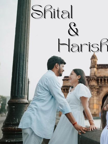 A joyful portrait of Shital and Harish with the Gateway of India in the background. This image captures the excitement and happiness of a pre-wedding shoot in one of Mumbai's most famous locations.