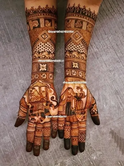 This design captures the sindoor ceremony on the palms. The forearms are filled with intricate patterns, elephant motifs, and auspicious swastika symbols.