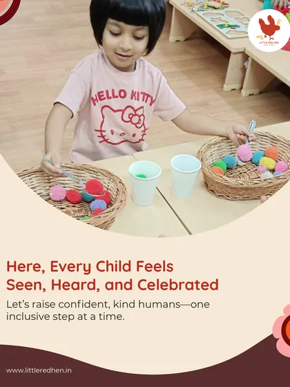 Here, every child feels seen, heard, and celebrated. A young girl is engrossed in a sorting activity with colorful pom-poms, a simple exercise that builds focus and fine motor skills.