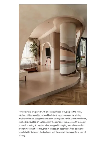 Design Milk showcased the primary bedroom, where we wrapped an isolated column in custom wallpaper to turn an obstacle into a unique statement piece.
