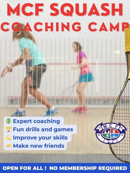 Our MCF Squash Coaching Camp is open for all, with no membership required. It's a great opportunity to improve your skills with expert coaching, fun drills, and new friends.