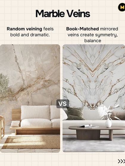The veins in marble can create very different effects. Random veining feels bold and dramatic, while book-matched, mirrored veins create a sense of symmetry and balance.