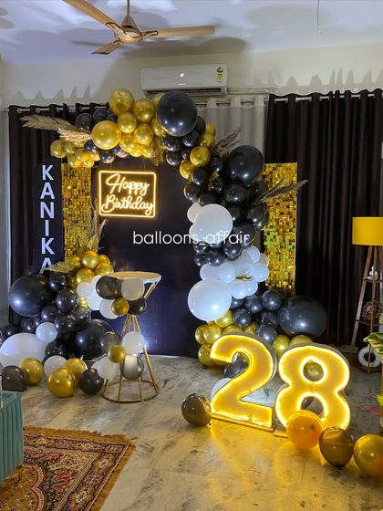 A wide shot of the 28th birthday party, showing how the decor fits into the living room space.