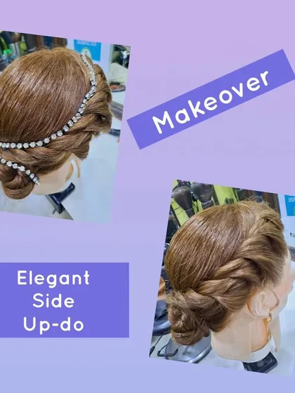 An elegant side updo on a mannequin, perfect for a formal event. The style is accented with a sparkling, jeweled hair accessory for a touch of glamour.