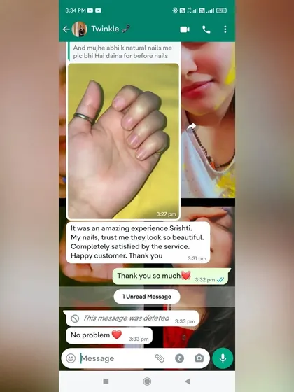 A screenshot of a happy client's message, saying it was an "amazing experience" and her nails look "so beautiful."
