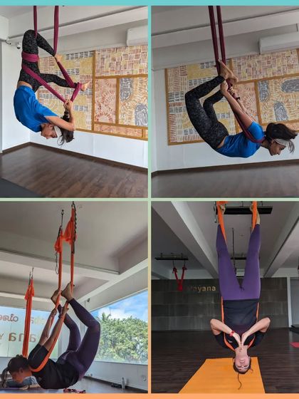 A collage of students exploring different inversions and wraps during an aerial class.
