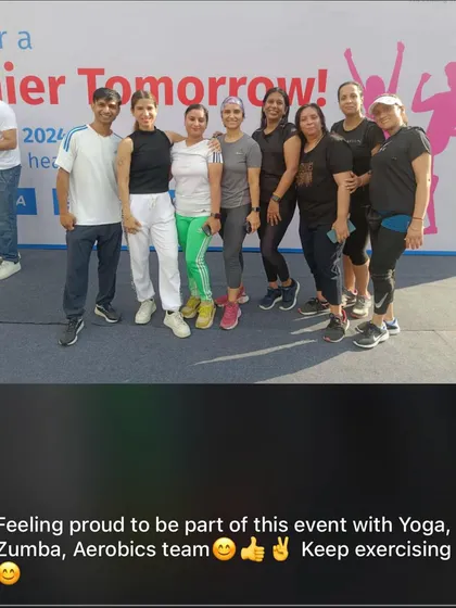 Feeling proud to stand with the Yoga, Zumba, and Aerobics team at a corporate wellness event. Combining different fitness styles creates a fun and comprehensive experience for all participants.