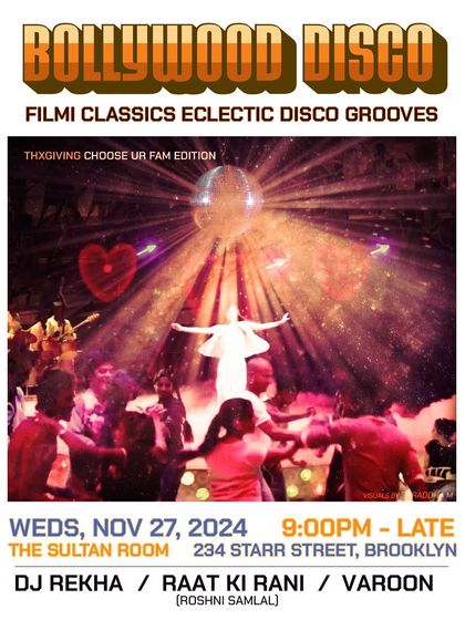 A general poster for a Bollywood Disco event, highlighting the guest DJs.