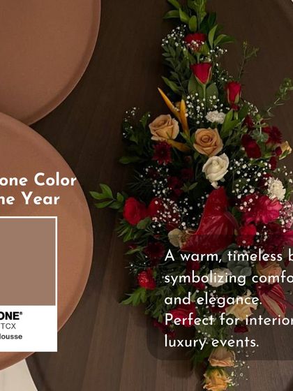 The Pantone Color of the Year, Mocha Mousse, is a warm, timeless brown symbolizing comfort and elegance. This arrangement shows how to incorporate this sophisticated hue into luxury event design.