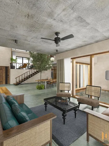 The living area of the rustic villa, with exposed concrete ceilings, lime plaster walls, and comfortable seating in leather and cane.