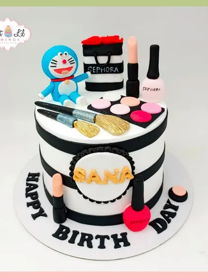 A fun mashup cake for Sana's birthday, combining her love for Doraemon and makeup from Sephora.